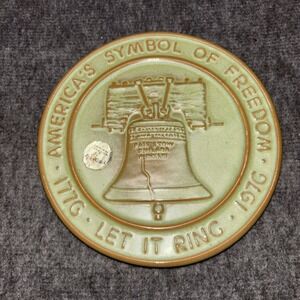 Vintage Frankoma Pottery LB-TR Trivet Liberty Bell Let It Ring 1776 Green Brown